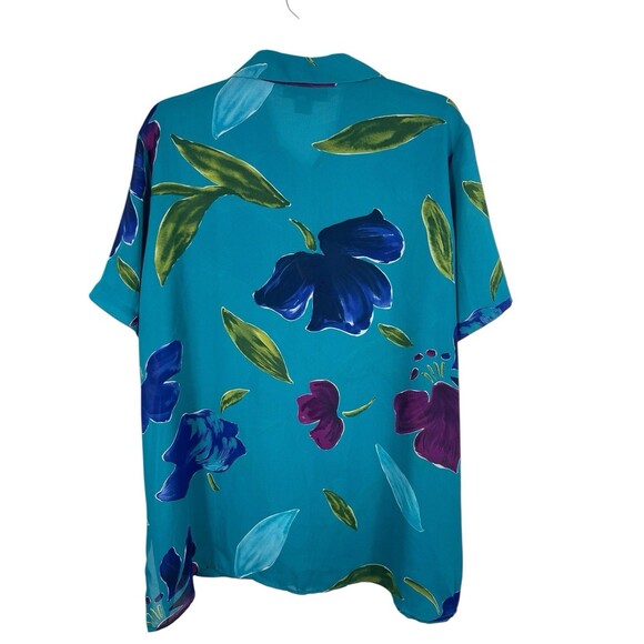 VTG 90s Lane Bryant Designs 18/20 Button Up Blouse Teal Floral Tropical Print - Picture 4 of 11